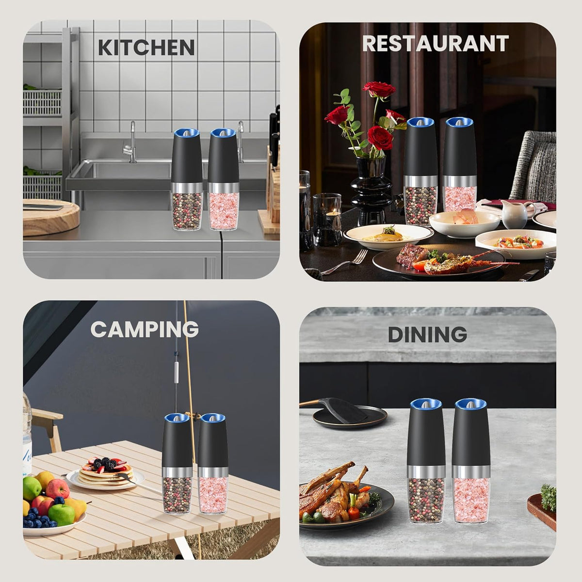 Elevate Your Seasoning Game with Our Battery Operated Salt and Pepper Grinder Set - 2 Pack in Sleek Black | Automatic, Gravity-Activated with LED Light & Adjustable Coarseness