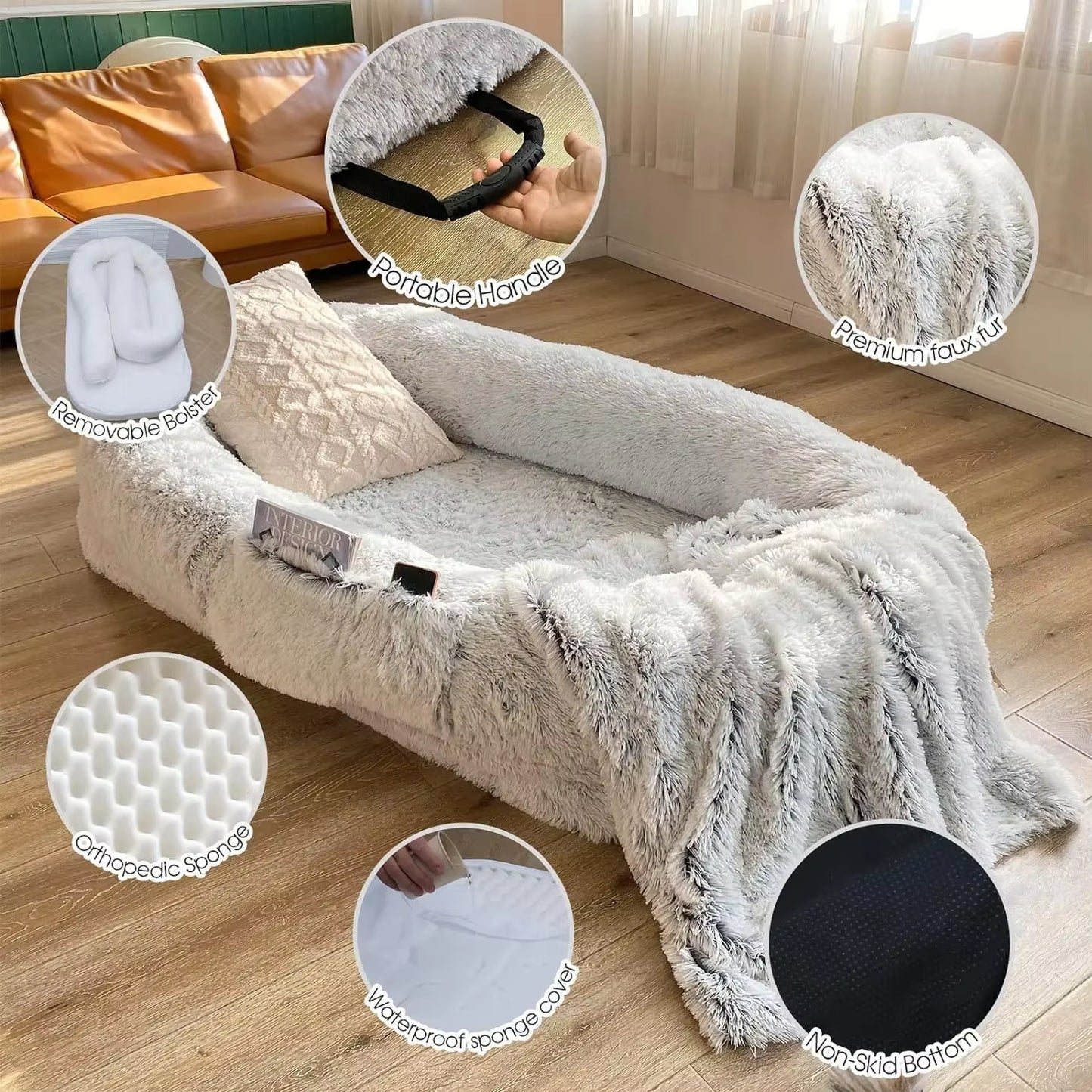 A Giant Plush Sponge Dog Bed for Human Use to Keep Warm in Winter as a Pet Bed. People and Dogs Share Leisure Mattresses