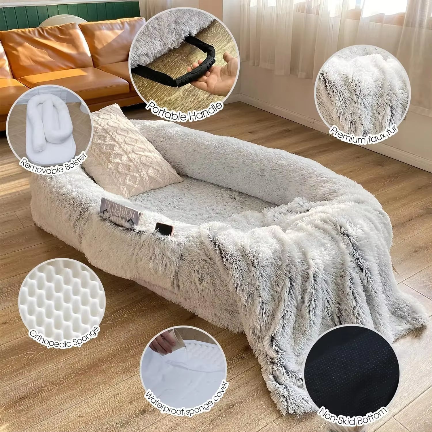 A Giant Plush Sponge Dog Bed for Human Use to Keep Warm in Winter as a Pet Bed. People and Dogs Share Leisure Mattresses