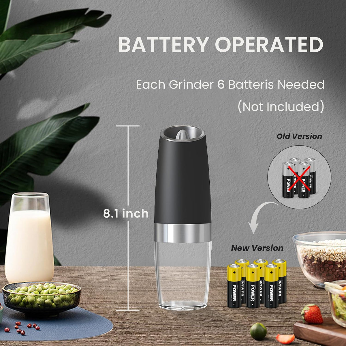 Elevate Your Seasoning Game with Our Battery Operated Salt and Pepper Grinder Set - 2 Pack in Sleek Black | Automatic, Gravity-Activated with LED Light & Adjustable Coarseness