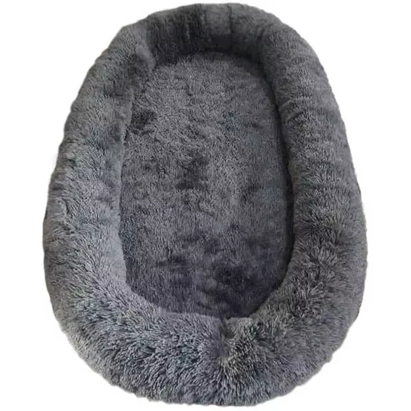 A Giant Plush Sponge Dog Bed for Human Use to Keep Warm in Winter as a Pet Bed. People and Dogs Share Leisure Mattresses