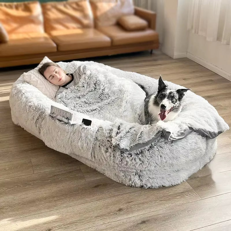 A Giant Plush Sponge Dog Bed for Human Use to Keep Warm in Winter as a Pet Bed. People and Dogs Share Leisure Mattresses