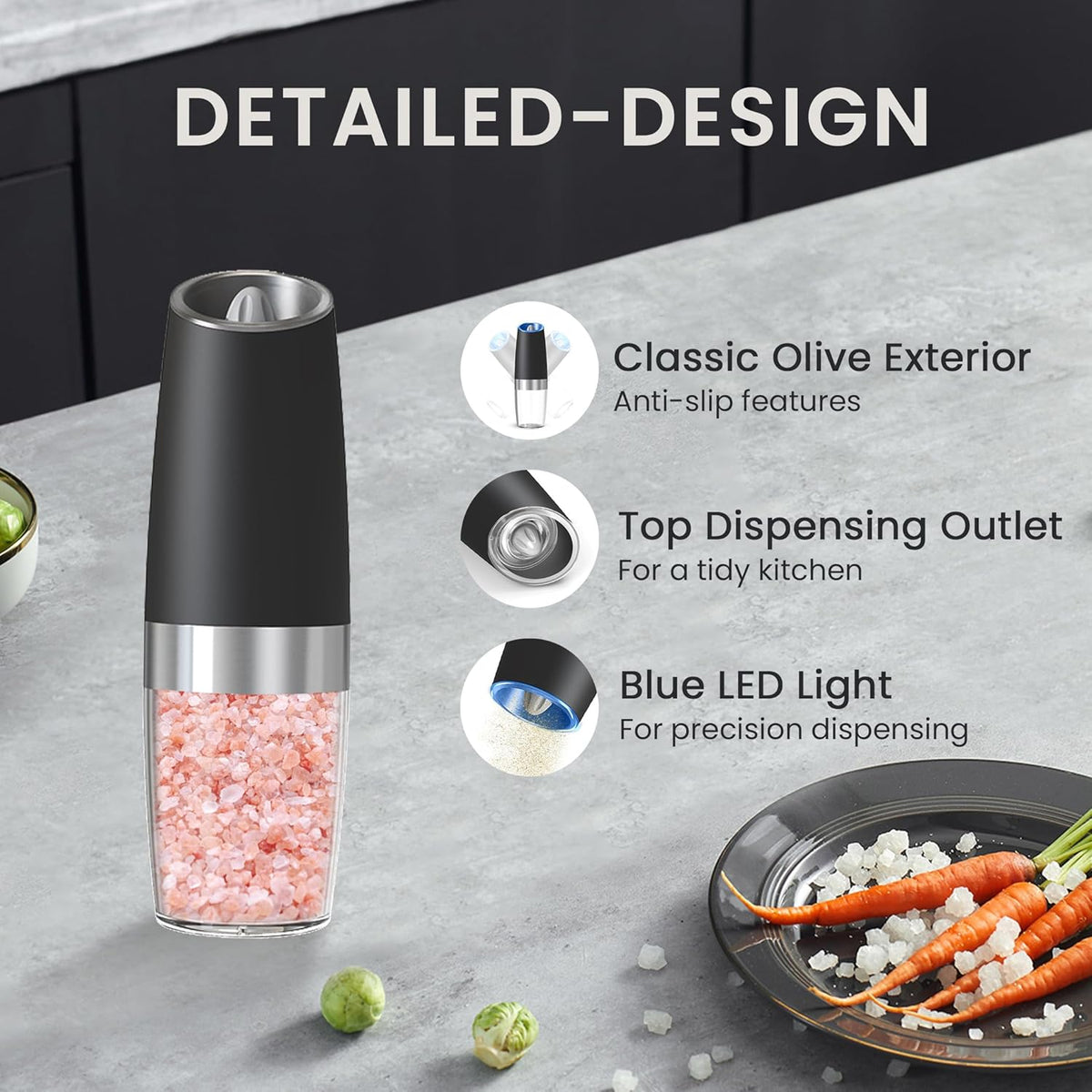 Elevate Your Seasoning Game with Our Battery Operated Salt and Pepper Grinder Set - 2 Pack in Sleek Black | Automatic, Gravity-Activated with LED Light & Adjustable Coarseness