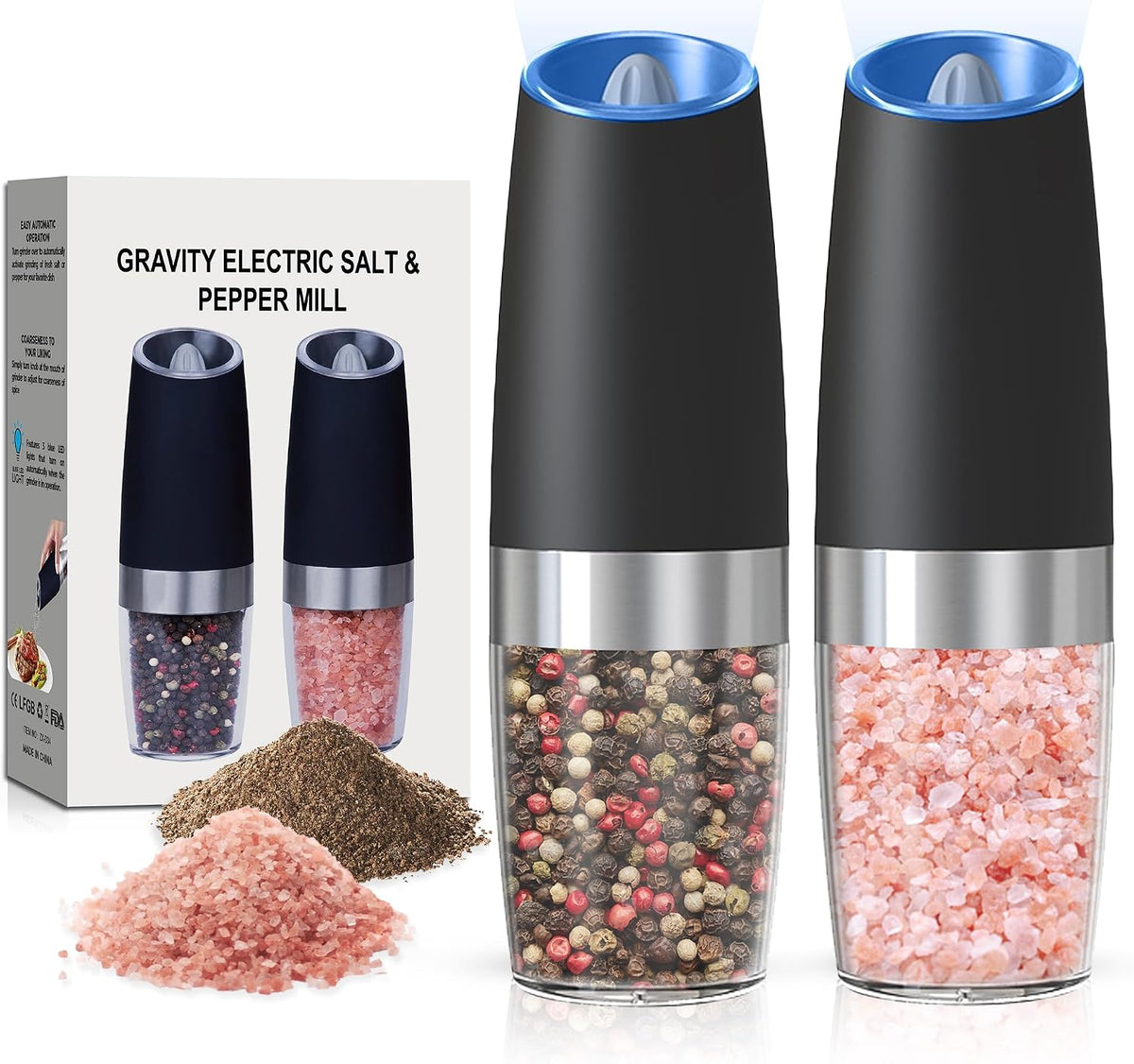 Elevate Your Seasoning Game with Our Battery Operated Salt and Pepper Grinder Set - 2 Pack in Sleek Black | Automatic, Gravity-Activated with LED Light & Adjustable Coarseness