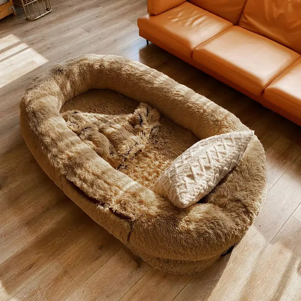 A Giant Plush Sponge Dog Bed for Human Use to Keep Warm in Winter as a Pet Bed. People and Dogs Share Leisure Mattresses