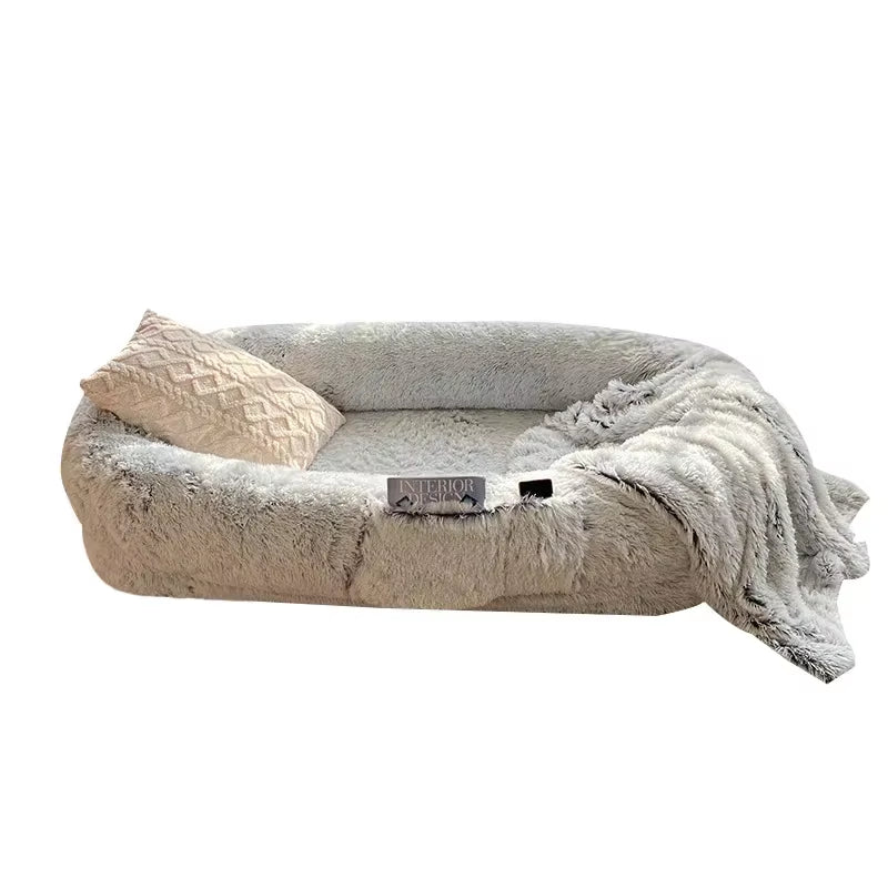 A Giant Plush Sponge Dog Bed for Human Use to Keep Warm in Winter as a Pet Bed. People and Dogs Share Leisure Mattresses