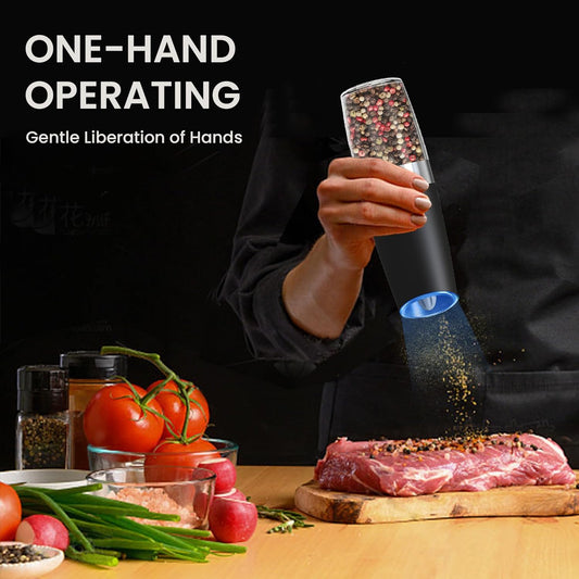 Elevate Your Seasoning Game with Our Battery Operated Salt and Pepper Grinder Set - 2 Pack in Sleek Black | Automatic, Gravity-Activated with LED Light & Adjustable Coarseness